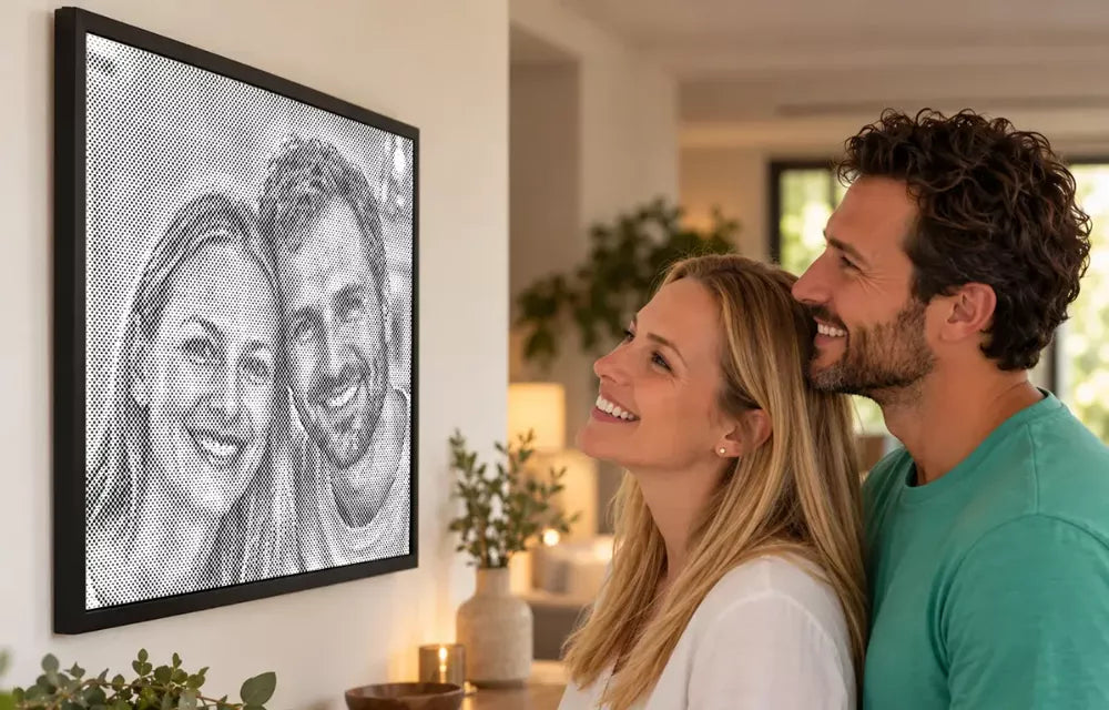 indresultaat van een eigen foto dot painting aan de wand